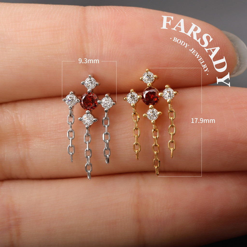Dangle Helix Earring Flat Back,Red CZ Threadless Push In Stud,Tragus Lobe Conch Cartilage Jewelry Sterling Silver Plated 18K Gold, 16/18/20G