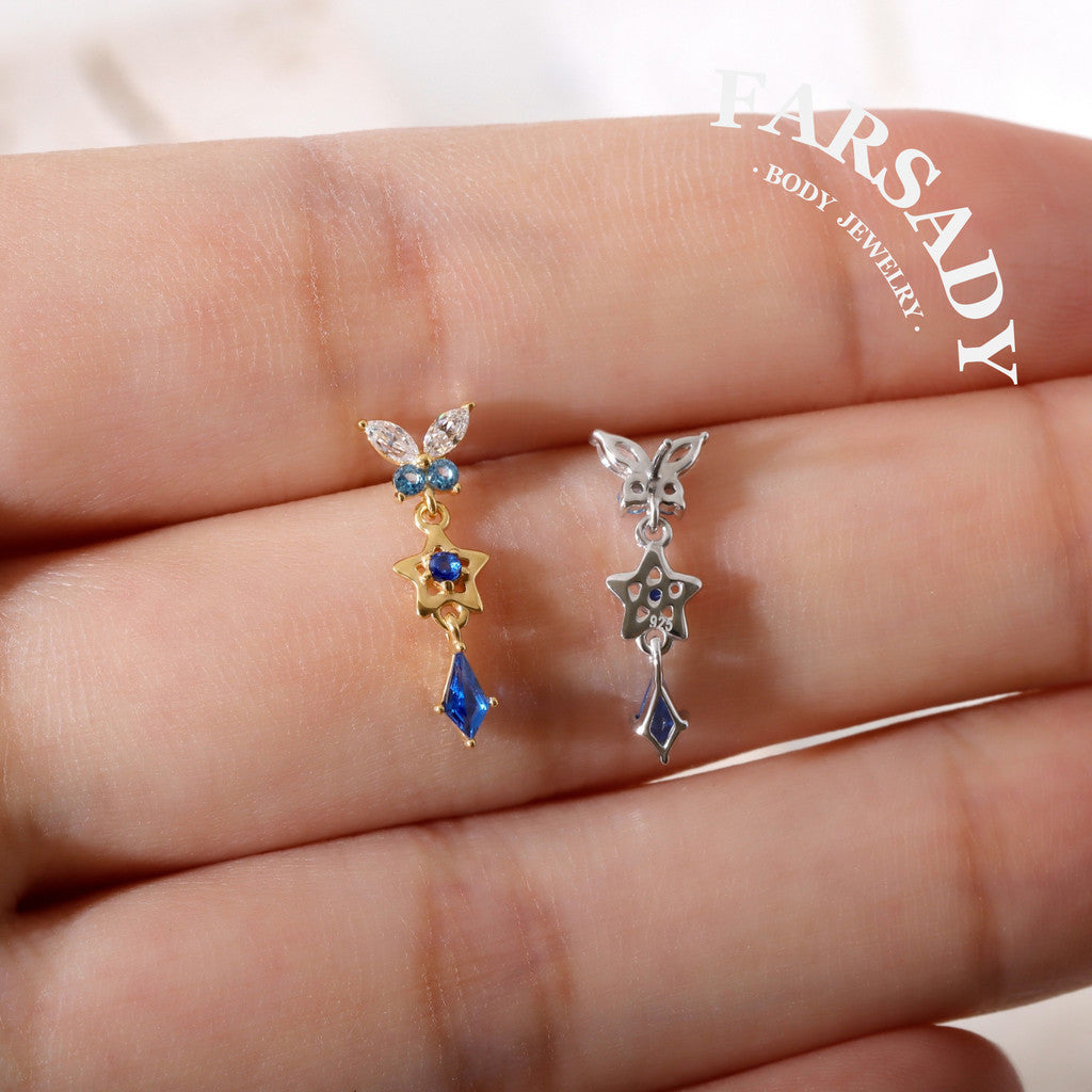 Sterling Silver Dangle Butterfly Threadless Push Pin • 925 Silver Star Shaped Cartilage Push Back Stud • Helix Flat Back Earlobe Piercing