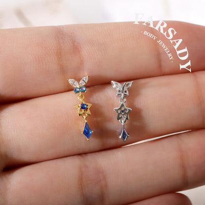 Sterling Silver Dangle Butterfly Threadless Push Pin • 925 Silver Star Shaped Cartilage Push Back Stud • Helix Flat Back Earlobe Piercing