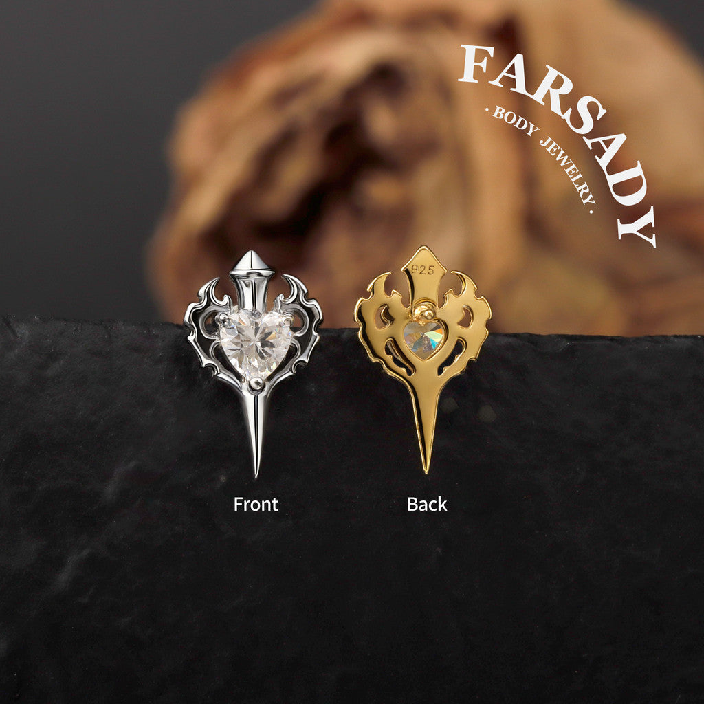 Sterling Silver Flame Heart Sword Threadless Helix Stud• 925 Silver & F136 Titanium Earrings• Romantic Gothic Jewelry• Flat Back Cartilage Tragus Jewelry
