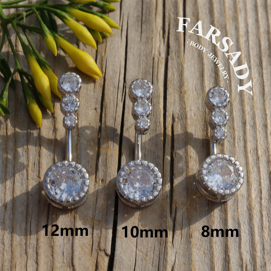14G Sterling Silver Triple CZ Belly Button Ring - S925 Clear CZ 8mm 10mm 12mm  Navel Body Piercing Jewelry - Non Healed Piercing Friendly Body Jewelry