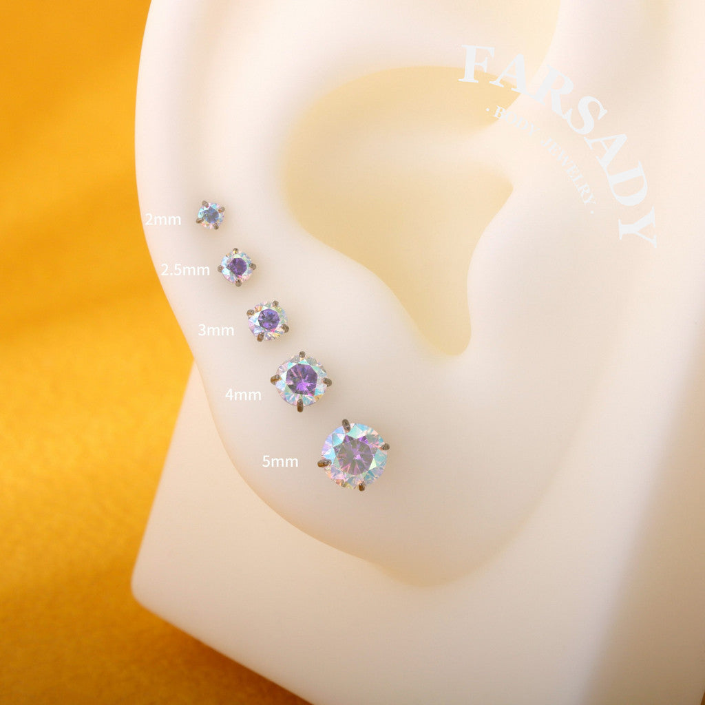Titanium Push Pin Top with 5A Cubic Zirconia in 2/2.5/3/4/5mm| Fits 16G/18G/20G Threadless Base| helix tragus conch nose lip flat back stud