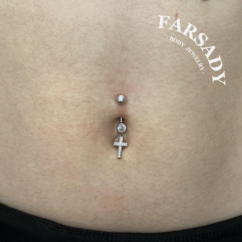 Cross Dew Pendant - 925 Silver Clear CZ Belly Button Ring / Fits 14G Navel Piercing