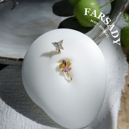 Petal Flutter - Sterling Silver Colorful CZ Belly Button Ring / Fits 14G Navel Piercing