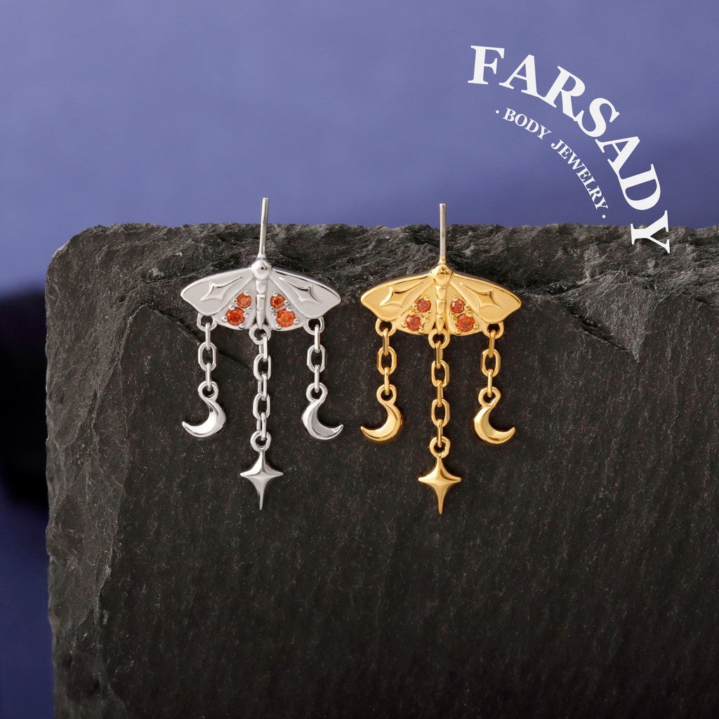 Crimson Moth - 925 Silver Threadless Stud / Fits Vertical Helix Hidden Rook Earring