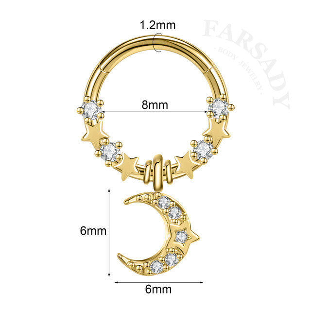 Moon Star - CZ Dangle Hinged Clicker Hoop / Fits 16G Septum Ring Helix Conch Cartilage Earring