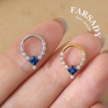 Sapphire Drop - F136 Titanium Hinged Clicker Hoop / Fits 16G Septum Ring Helix Conch Cartilage Earring