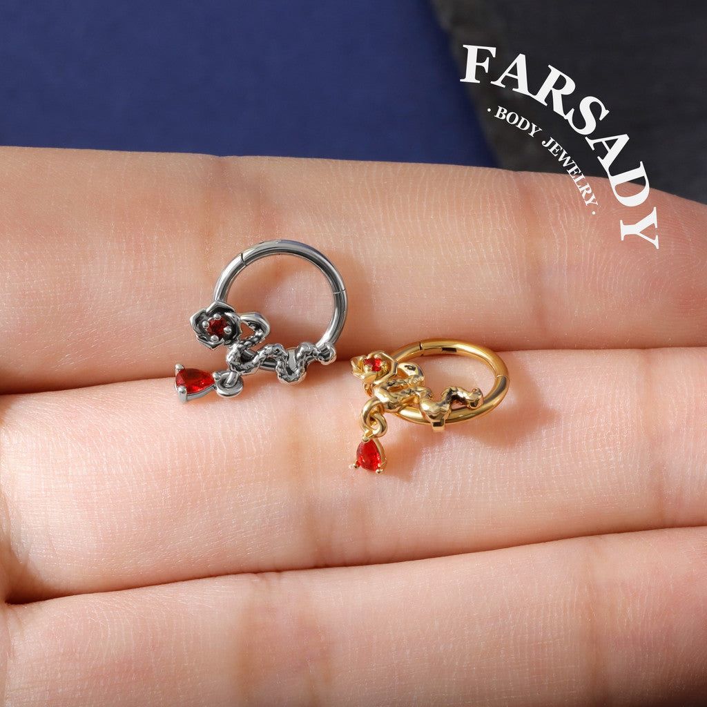 Snake Rose Septum Ring 16g, 316L Septum Jewelry, Gold Daith Jewelry,Dangle Septum Clicker   Helix/Tragus/Rook Cartilage Hoop, Halloween Gift
