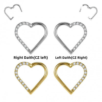 16G Titanium Heart CZ Daith Earring, 8mm Silver Helix Hoop Earring, Gold Cartilage Ring Clicker, Hinged  Left Right Ear Piercing