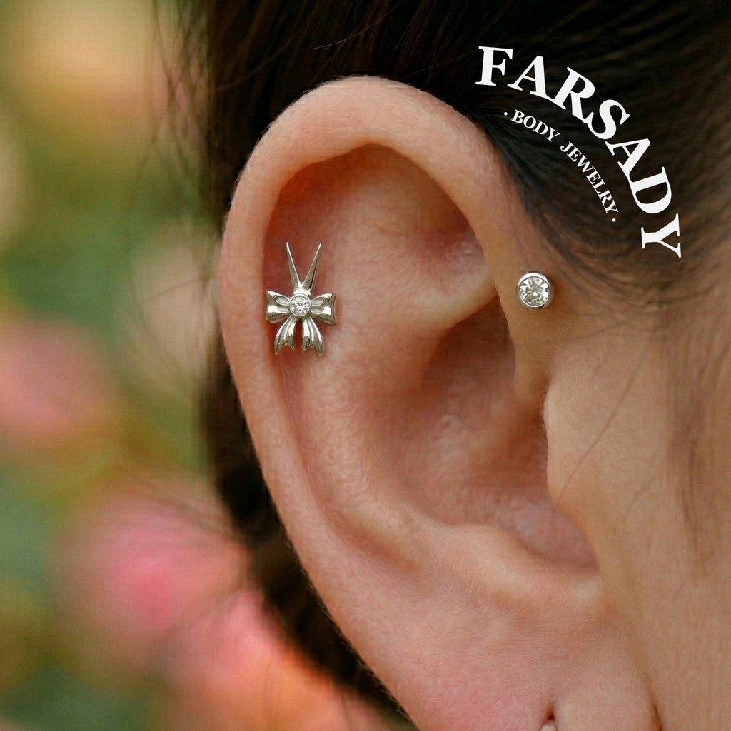Rebel Ribbon Threadless Push In Tragus Stud, Sterling Silver Cartilage Stud, Flat Back Titanium Post, Design Flower Helix/ Lobe/ Lip Earring