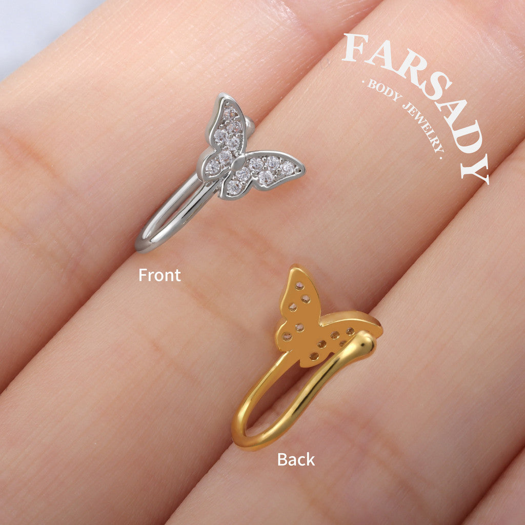 Crystal Winglet Hook - 925 Silver Fake Nose Ring / Fit Non-Pierced Nose Ring