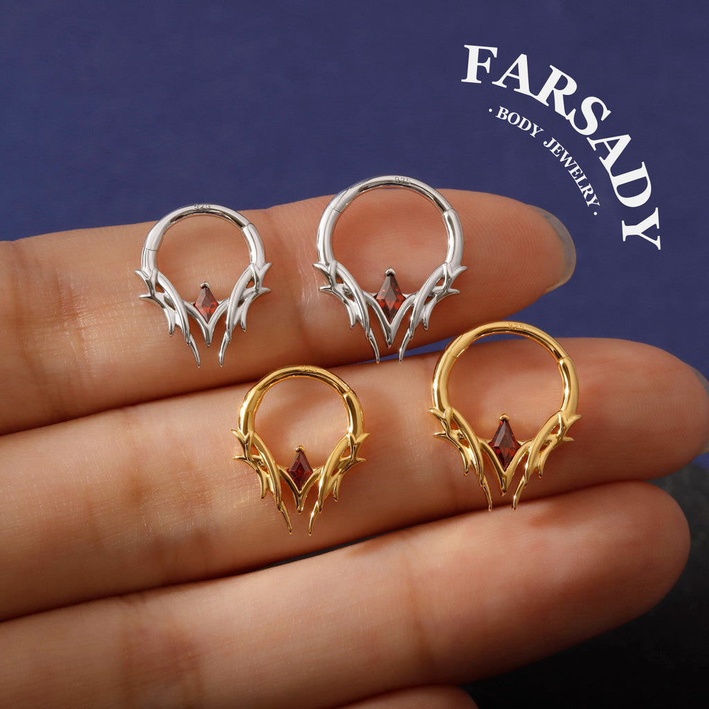 Crimson Spire - 925 Silver CZ Hinged Clicker Hoop / Fits 16G Septum Ring Helix Conch Daith Earring