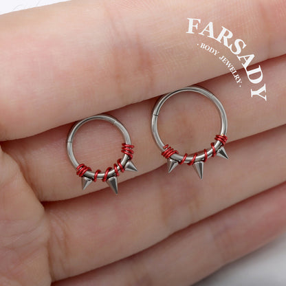 Crimson Bind - Red Wire Spike Hinged Clicker Hoop / Fits 16G Septum Ring Helix Conch Cartilage Earring