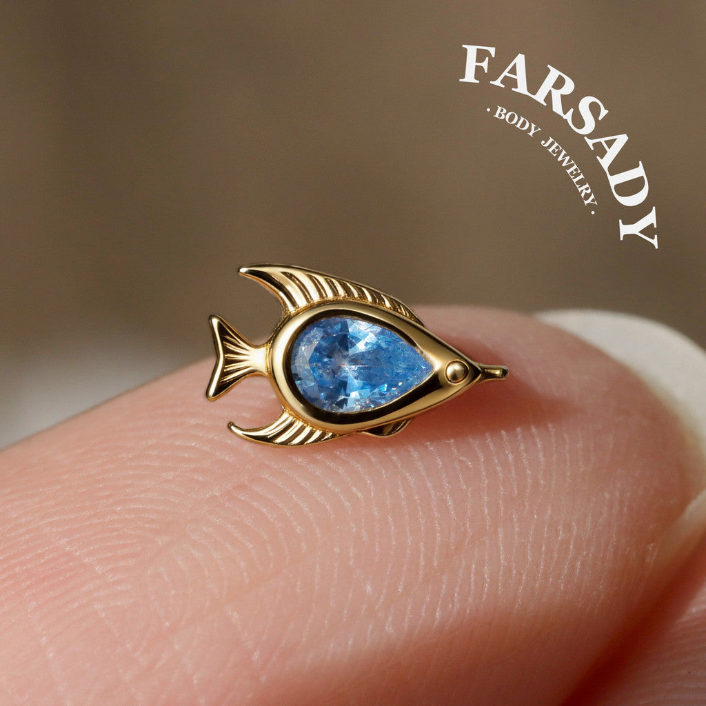 Azure Fish - 925 Silver Threadless Stud / Fits Cartilage Helix Tragus Lobe Nostril Piercing