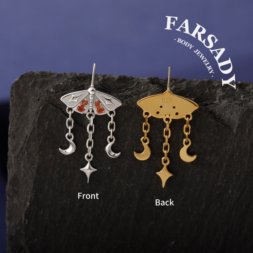 Crimson Moth - 925 Silver Threadless Stud / Fits Vertical Helix Hidden Rook Earring