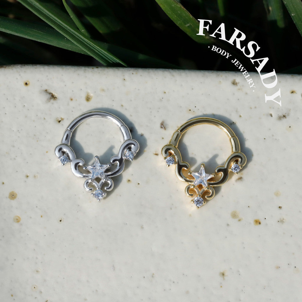 Sterling Silver Star-Shape CZ Septum Ring: S925 Plated 18K Gold, Alt Fashion Daith Earring, Sharp Spike Helix Tragus Conch Hoop Jewelry
