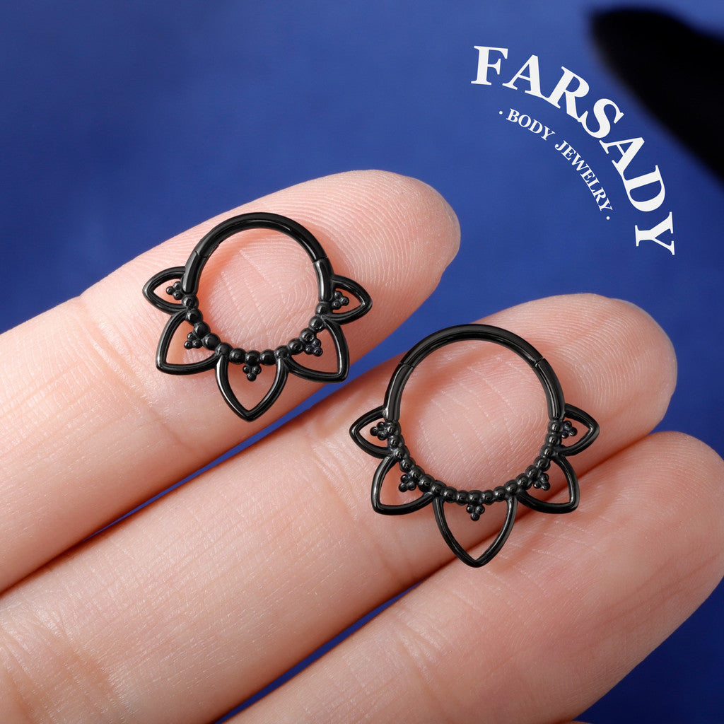 Gothic Black Steel Septum Ring 16G | Clicker Hoop for Nose or Daith Piercing | Flower Design | 1.2×8mm & 10mm | Unisex Jewelry