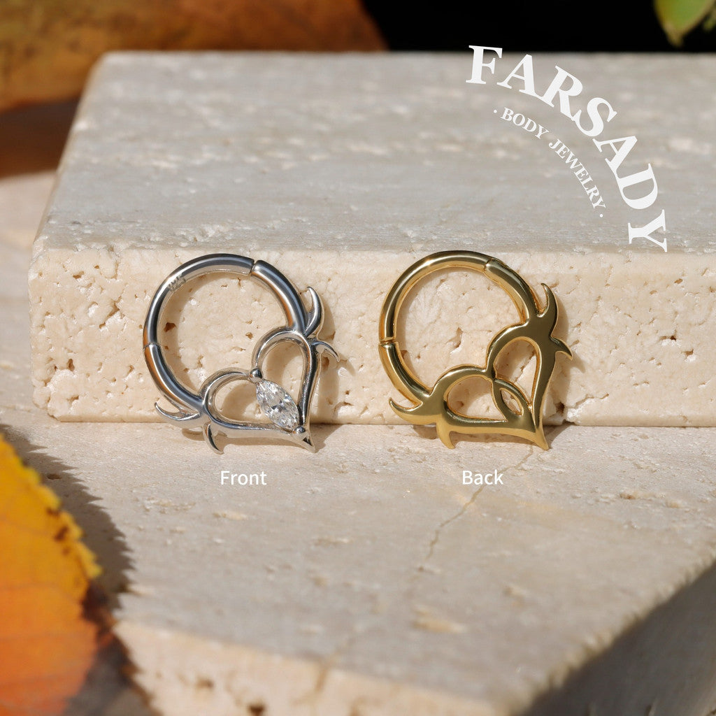 16G Thorn Heart CZ Clicker Daith Earring: Sterling Silver Plated 18K Gold, Alt Fashion Septum Ring, Sharp Spike Helix Tragus Hoop Jewelry