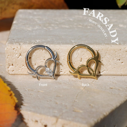 16G Thorn Heart CZ Clicker Daith Earring: Sterling Silver Plated 18K Gold, Alt Fashion Septum Ring, Sharp Spike Helix Tragus Hoop Jewelry