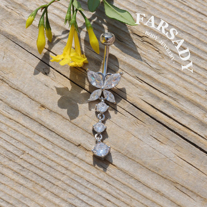 14G Sterling Silver Butterfly Dangle Belly Button Ring - Clear CZ 8mm to 12mm  Navel Body Piercing Jewelry - Non Healed Piercing Friendly Body Jewelry