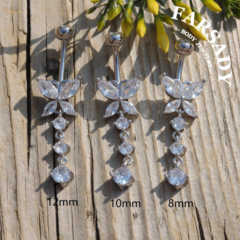14G Sterling Silver Butterfly Dangle Belly Button Ring - Clear CZ 8mm to 12mm  Navel Body Piercing Jewelry - Non Healed Piercing Friendly Body Jewelry