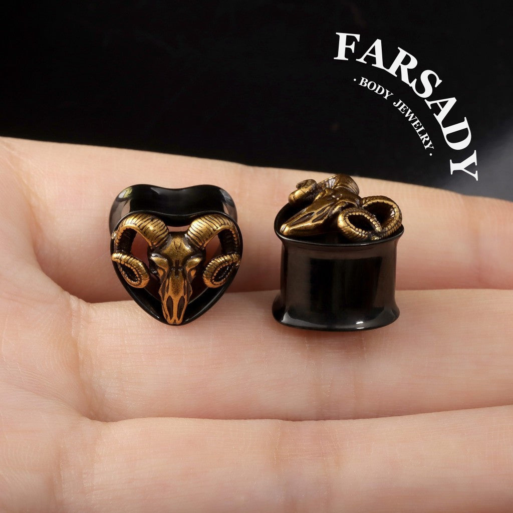 Handmade Ram Skull Ear Plugs Golden Black Acrylic Tunnels Gothic Animal Skull Gauges Unique Ear Stretching Jewelry 8mm 10mm 12mm 14mm Lobe Piercing Body Jewelry