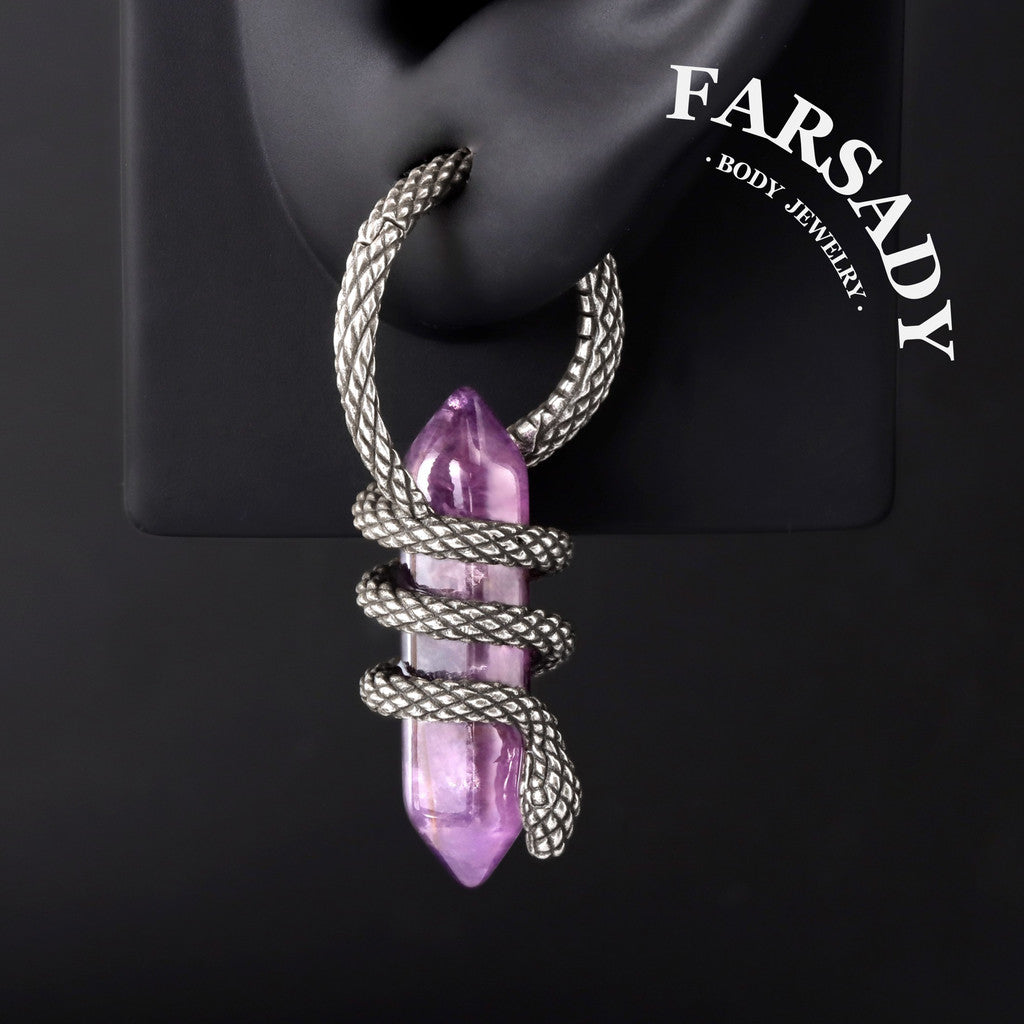 Serpens Amethysta - 316L Hinged Clicker Ear Weights / Fits 8G Stretched Ear Lobes Tunnels Plugs
