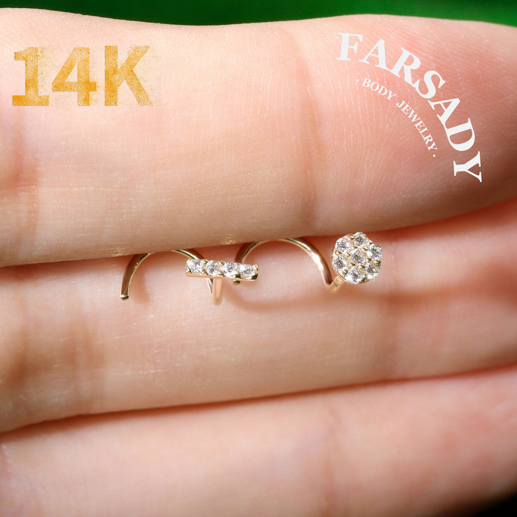 Star Row Duo - Solid 14K Gold Screw End Stud / Fit 20G Nostril Piercing