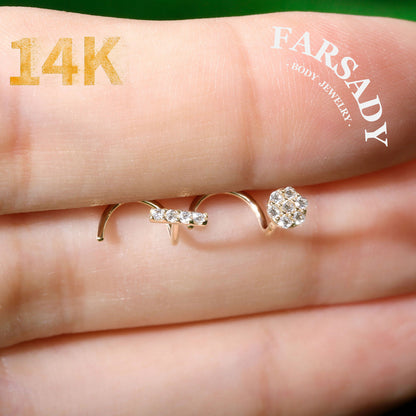 Star Row Duo - Solid 14K Gold Screw End Stud / Fit 20G Nostril Piercing