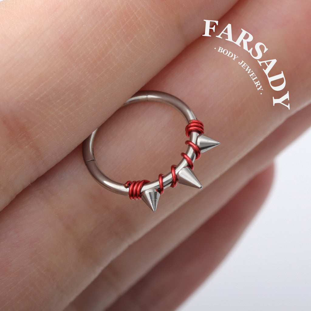 Crimson Bind - Red Wire Spike Hinged Clicker Hoop / Fits 16G Septum Ring Helix Conch Cartilage Earring