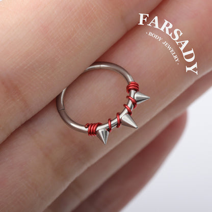 Crimson Bind - Red Wire Spike Hinged Clicker Hoop / Fits 16G Septum Ring Helix Conch Cartilage Earring