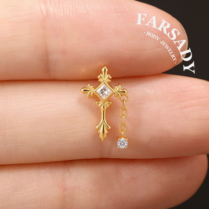Vein Cross - 925 Silver Threadless Stud / Fits Cartilage Helix Tragus Lobe Earring