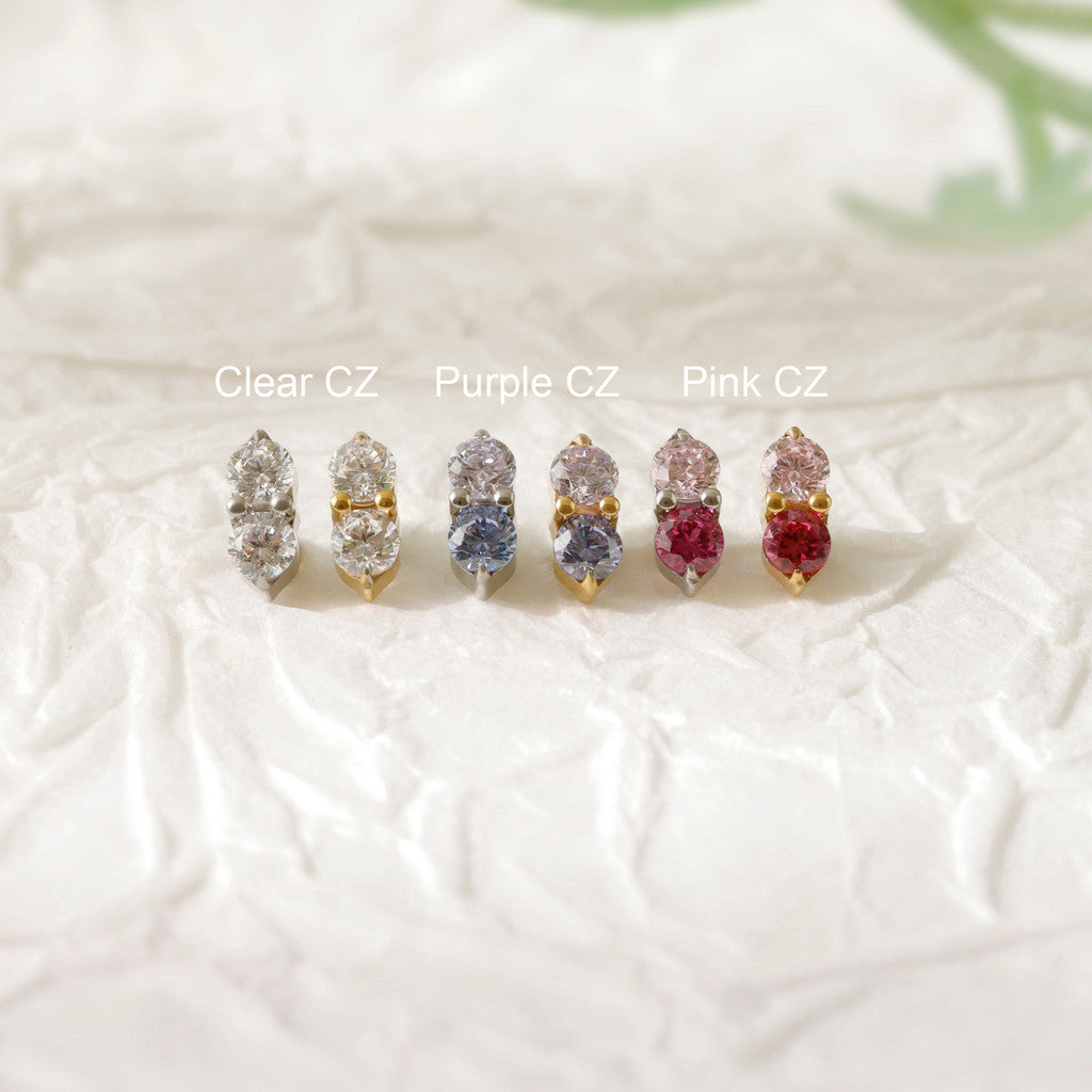 Vertical Twin Gem - F136 Titanium Internally Threaded Stud / Fits Cartilage Helix Tragus Lobe Nostril Piercing