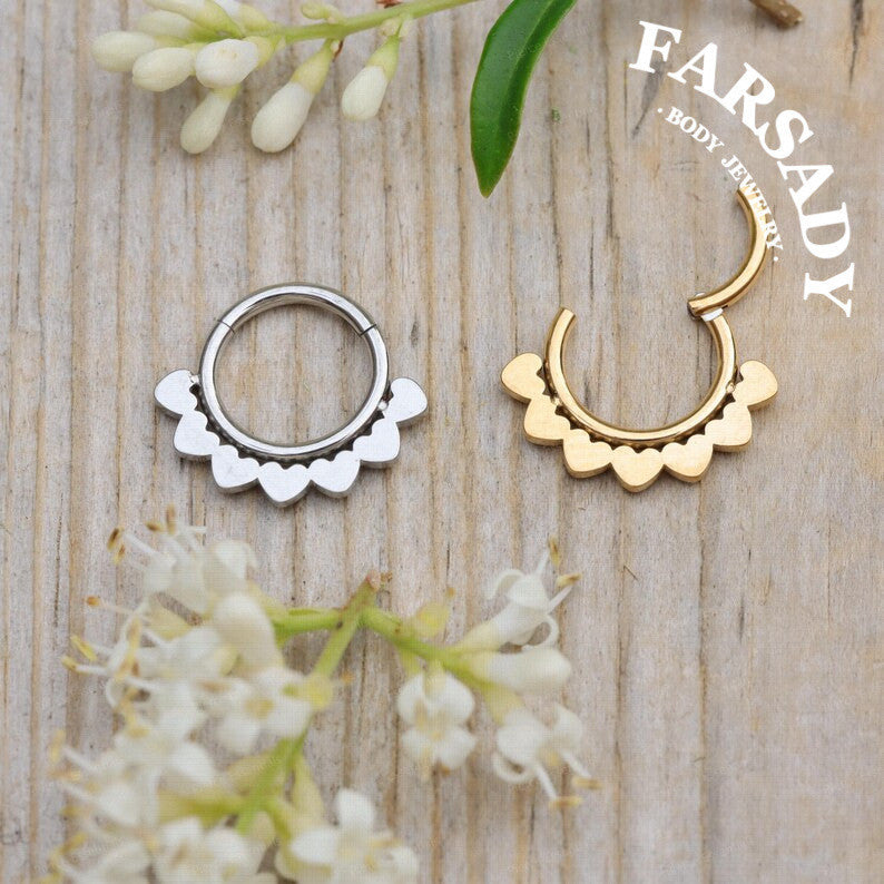 FARSADY Body Jewelry 16G Stainless Steel Love Heart Septum Ring, 8mm 10mm Silver CZ Helix Hoop Earring, Gold Conch Ring Clicker, Hinged Earrings Piercing Jewelry
