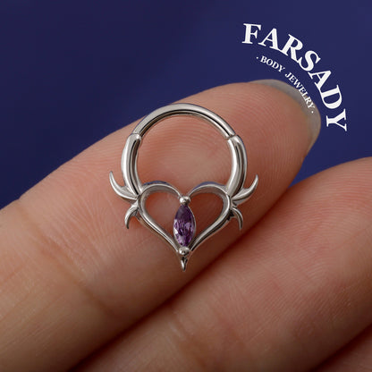 16G Heart Thorn Hinged Daith Earring Hoop, Gothic Purple CZ Septum Ring, Edgy Helix Tragus Conch Clicker  Sterling Silver, Original Design
