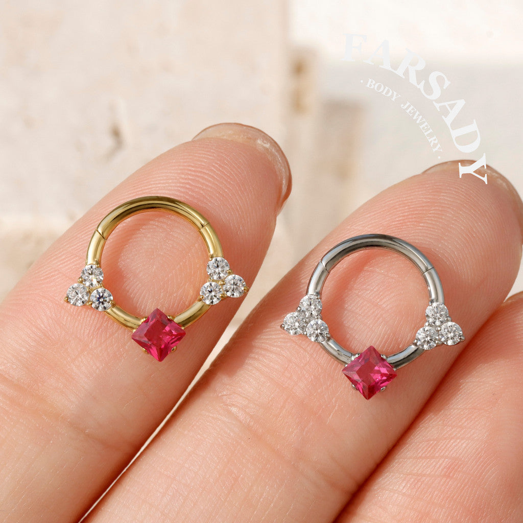 Titanium Septum Ring| 16G Hinged Septum Clicker| Pink Crystal Helix Earring| Silver Daith Piercing Jewelry| Shiny Septum Ring Daily