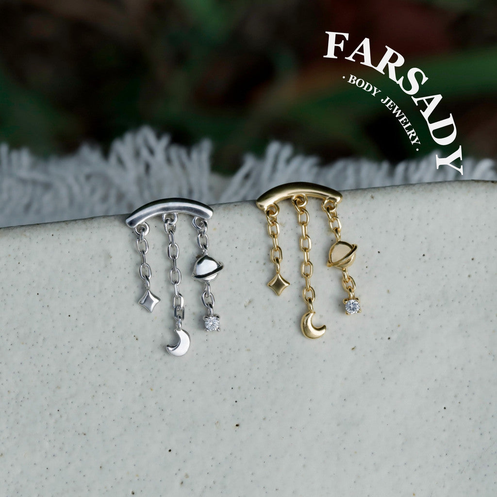 Planet Hidden Helix Chain Earring /Moon Dangle Earring /Helix Push Pin Stud Earring /Threadless Cartilage Helix Earring Stud/Flat Helix Stud