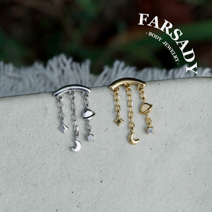 Planet Hidden Helix Chain Earring /Moon Dangle Earring /Helix Push Pin Stud Earring /Threadless Cartilage Helix Earring Stud/Flat Helix Stud