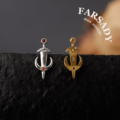 Silvery Moon Sword Threadless Tragus Stud: Gothic Helix/ Conch/ Nose Flat Back Earring, Crescent Titanium Push Back Earring, Tragus Piercing