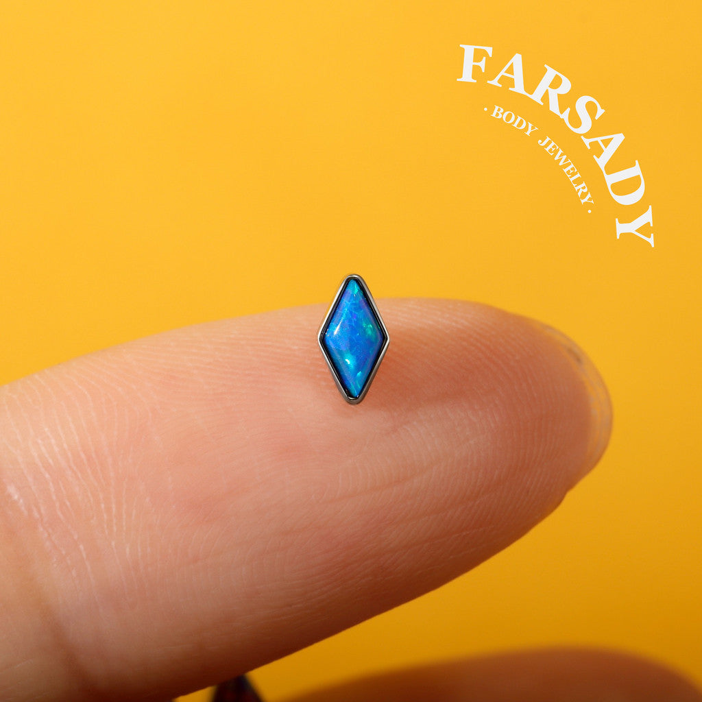 Titanium Internal Threaded Top with Lozenge Opal - Fits 16G 18G Inner Thread Ear Stud Post Base, helix tragus conch nose lobe stud
