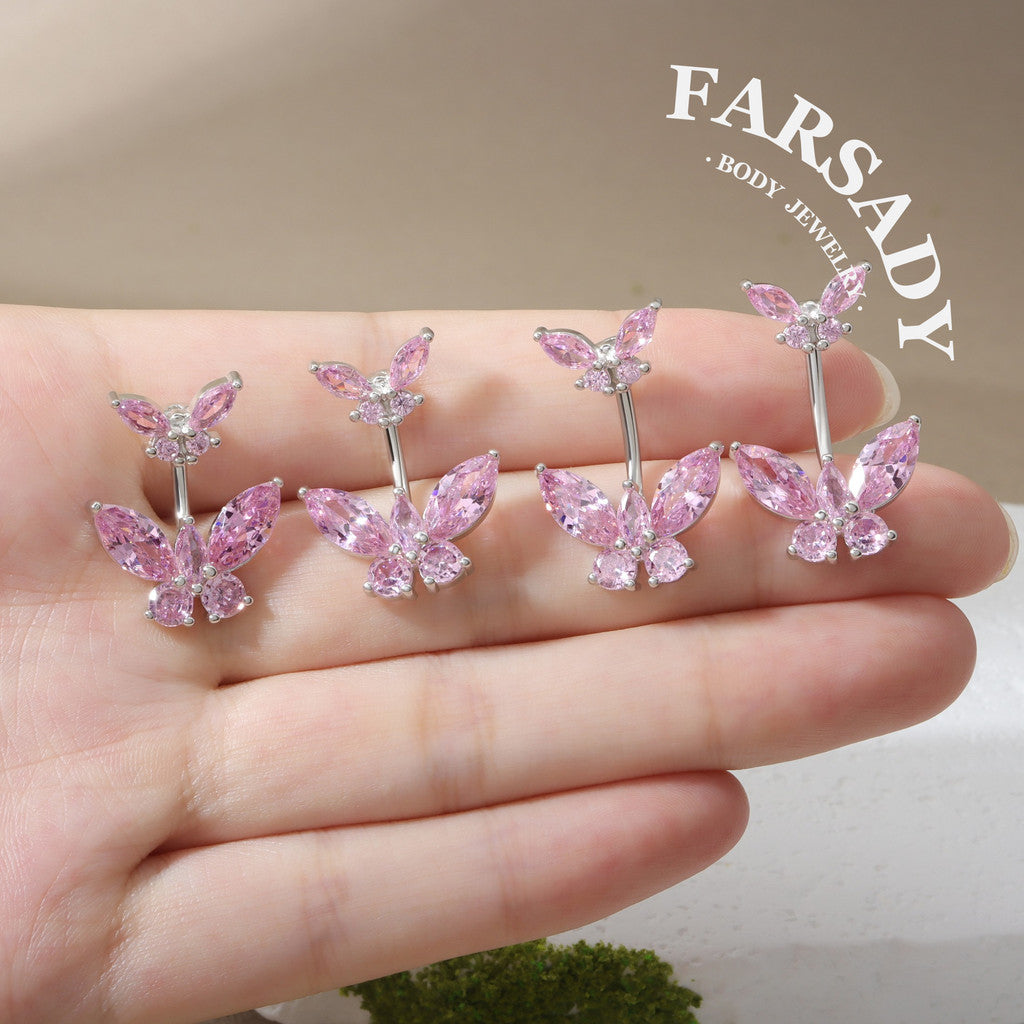 Twin Pink Butterfly Echo - 925 Silver Belly Button Ring / Fits 14G Navel Piercing
