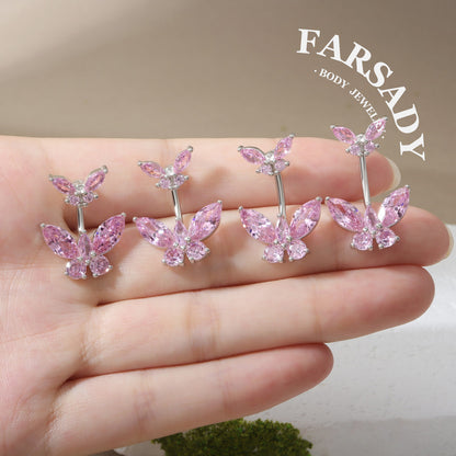 Twin Pink Butterfly Echo - 925 Silver Belly Button Ring / Fits 14G Navel Piercing