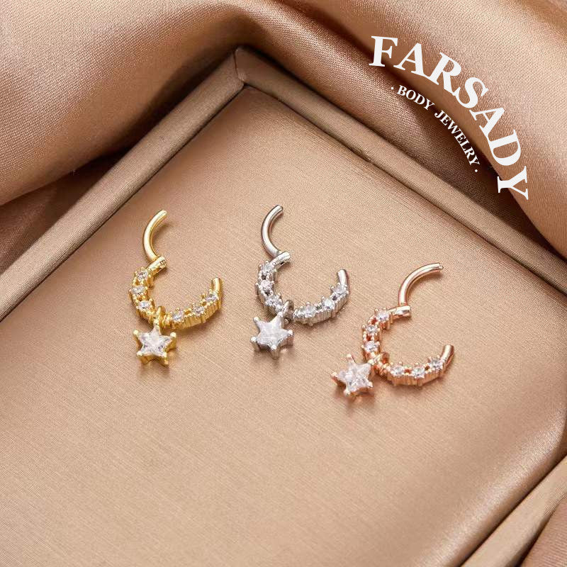 Star Chain - CZ Dangle Hinged Clicker Hoop / Fits 16G Septum Ring Helix Conch Cartilage Earring