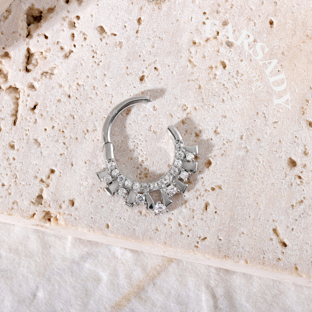 Star Fan - 925 Silver CZ Hinged Clicker Hoop / Fits 16G Septum Ring Helix Conch Daith Earring