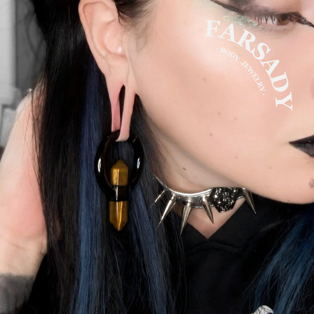 Pointed Tiger Eye - 316L Magnetic Hinged Ear Weights / Fits 3G 2G Stretched Ear Lobes Tunnels Plugs