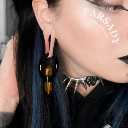 Pointed Tiger Eye - 316L Magnetic Hinged Ear Weights / Fits 3G 2G Stretched Ear Lobes Tunnels Plugs