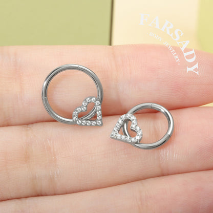 Hollow Heart - ASTM F136 Titanium Hinged Clicker Hoop / Fits 16G Septum Ring Helix Conch Cartilage Earring