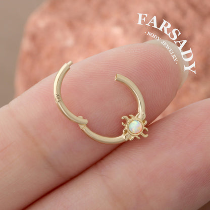 Opal Suncore - Solid 14K Gold Hinged Clicker Hoop / Fits 16G Septum Ring Helix Conch Cartilage Earring
