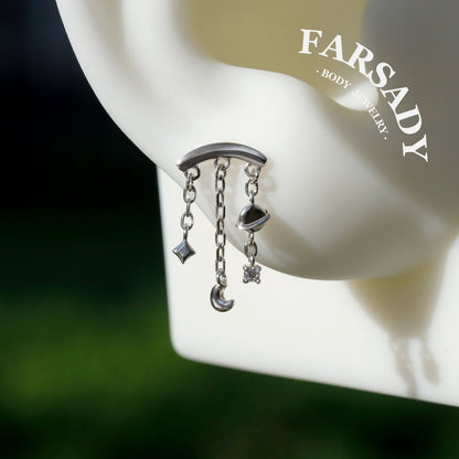 Planet Hidden Helix Chain Earring /Moon Dangle Earring /Helix Push Pin Stud Earring /Threadless Cartilage Helix Earring Stud/Flat Helix Stud