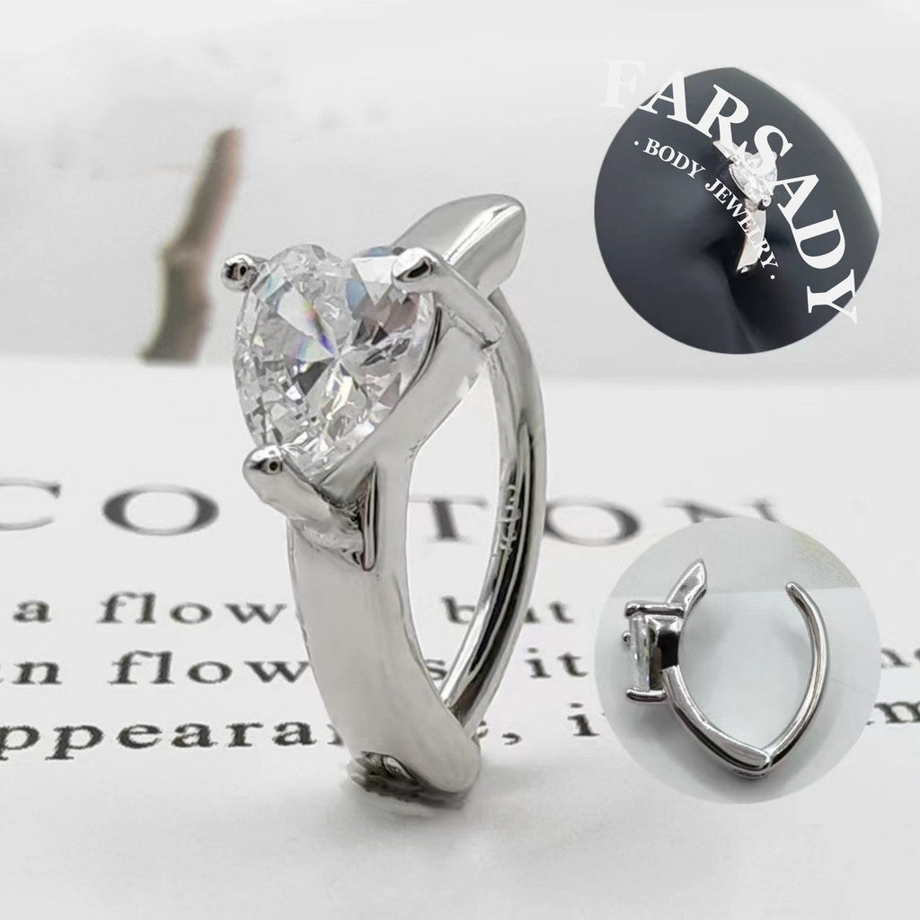 14G S925 Sterling Silver Heart Belly Button Clicker 10mm Hinged Navel Belly Hoop Clip Ring Waterproof Curved Bar Body Piercing Daily Wear Gift for Her